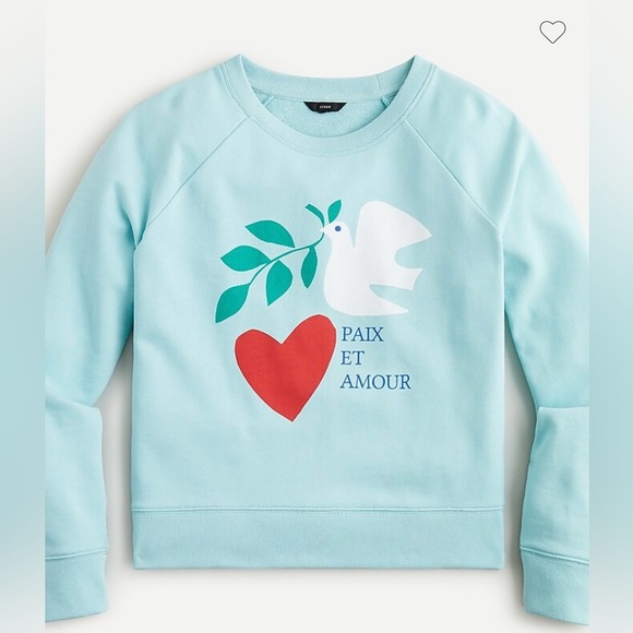 J. Crew Tops - NWT J.CREW Holiday Dove Heart Paix et Amour Graphic Sweatshirt Light Blue M